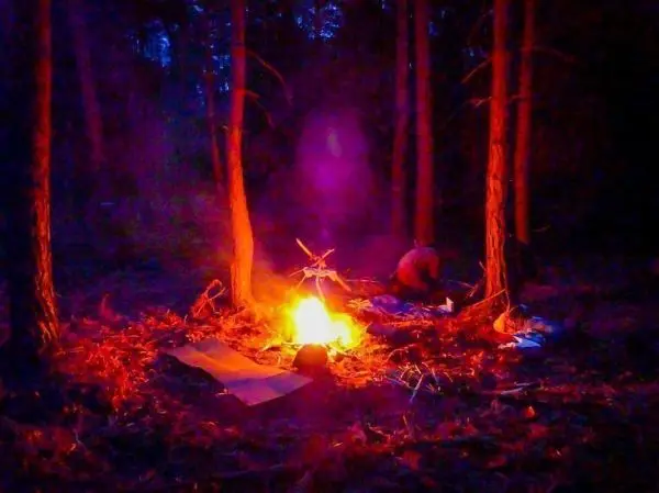 Kleine Flamme leuchtet im Wald, Person bereitet etwas am Boden vor