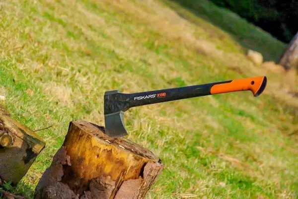 Axt steckt in einem Holzscheit auf einer Wiese