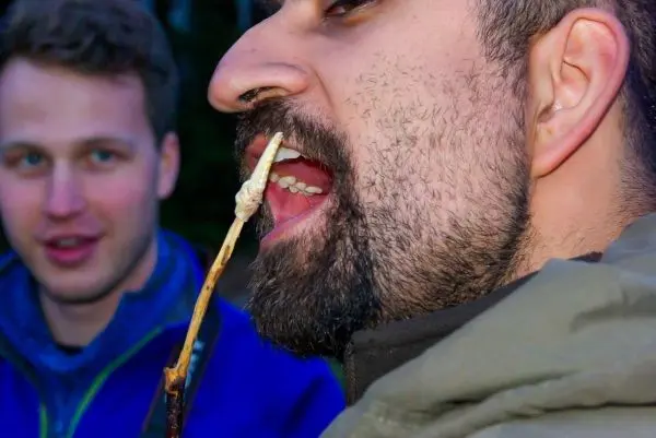 Mann hält einen Stock mit einer Speise vor dem Mund