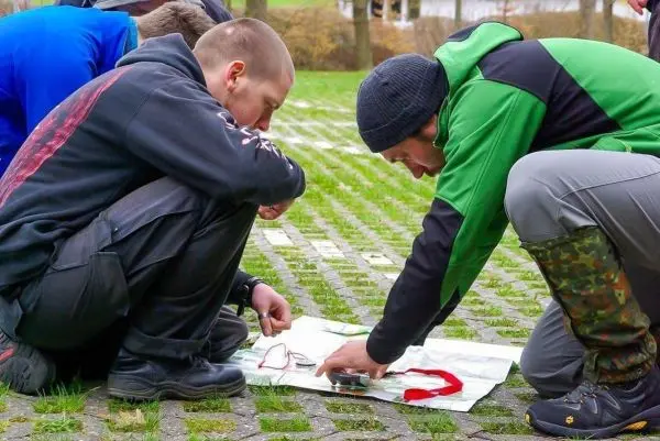 Zwei Personen analysieren eine Karte und nutzen einen Kompass