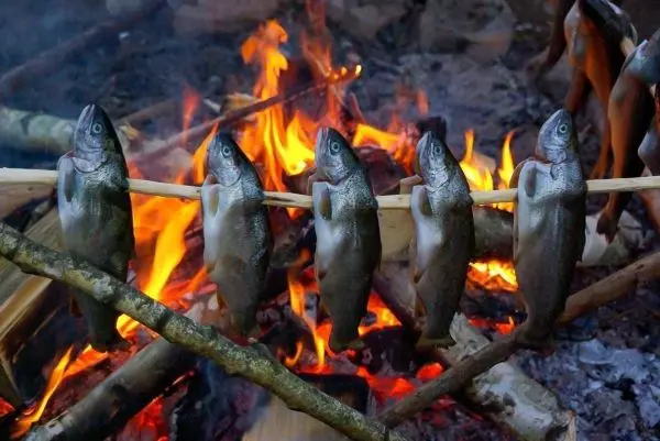 Fünf Fische auf einem Stock über einem offenen Feuer gegrillt