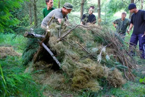 Gruppe baut eine Tarp-Notunterkunft aus Ästen und Gras im Wald