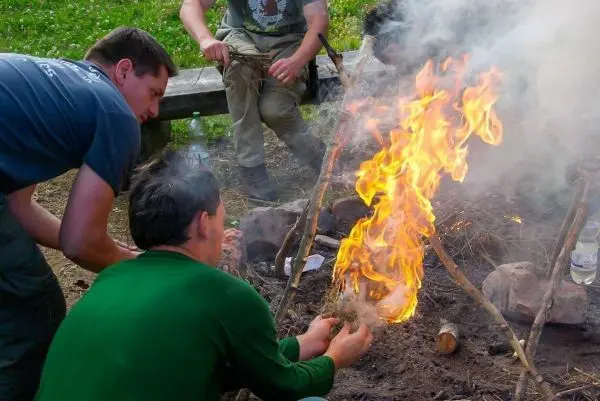 Person zündet Feuer mit Zweigen und trockenem Material