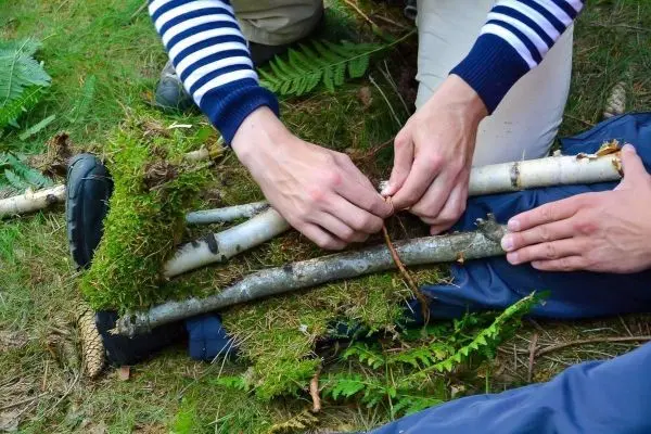 Zwei Hände binden Äste mit Rinde und Moos zu einer improvisierten Trage