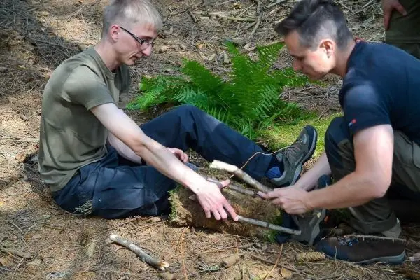 Zwei Personen bearbeiten einen Holzblock mit Stöcken im Wald