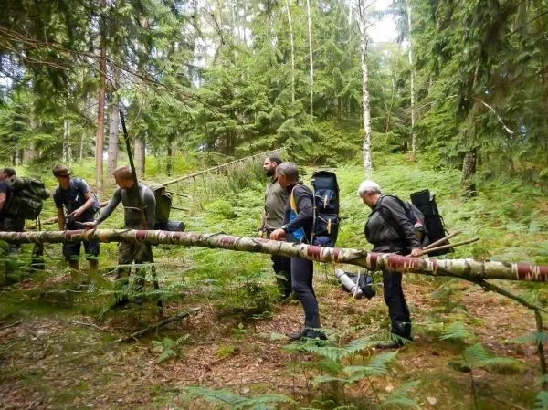 Gruppe überquert einen umgefallenen Baumstamm im Wald mit Rucksäcken