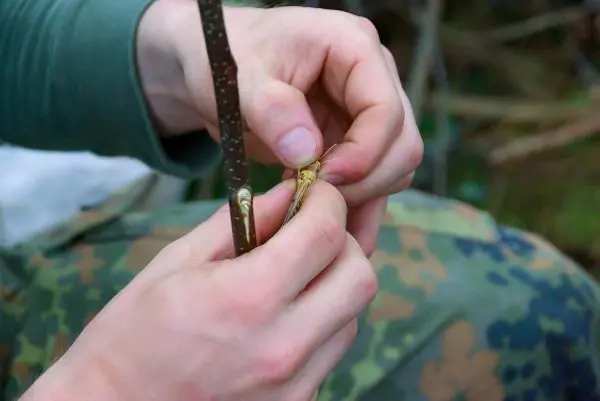 Hände binden eine Schnur um einen Stock zur Herstellung eines Werkzeugs