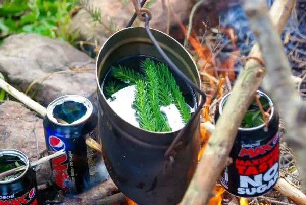 Kessel hängt über Feuerstelle mit Zweigen und Dosen daneben