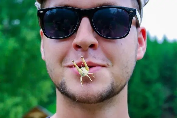 Mann mit Sonnenbrille hält eine Heuschrecke im Mund