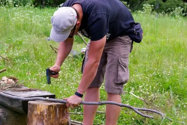 Person sägt einen Stock auf einem Baumstumpf