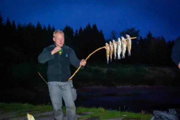 Fisch auf einem Stock wird am Ufer eines Gewässers gehalten