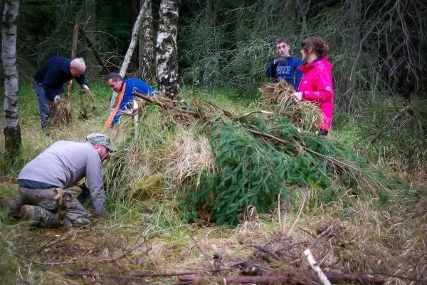 Gruppe baut eine Tarp-Notunterkunft aus Ästen und Gras im Wald