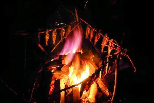 Kleine Flamme brennt zwischen Holzscheiten, über dem Zunder hängen Fischstücke