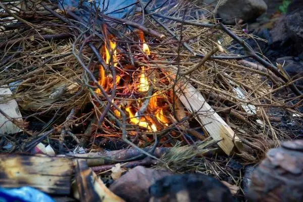 Kleine Flamme zwischen trockenem Zunder und Ästen brennt