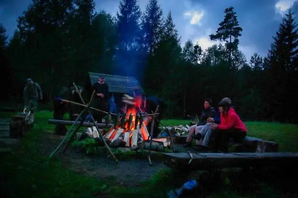 Kleines Bodenfeuer brennt zwischen Holzstämmen in der Dämmerung