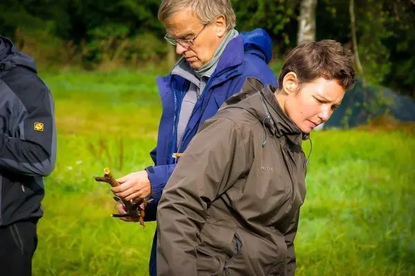 Zwei Personen betrachten Holzstücke in einer grünen Wiese