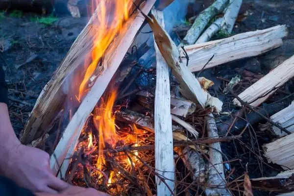 Kleine Flamme brennt zwischen Holzstücken und Zweigen