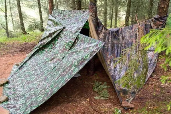 Tarp-Notunterkunft aus zwei Planen zwischen Bäumen aufgebaut