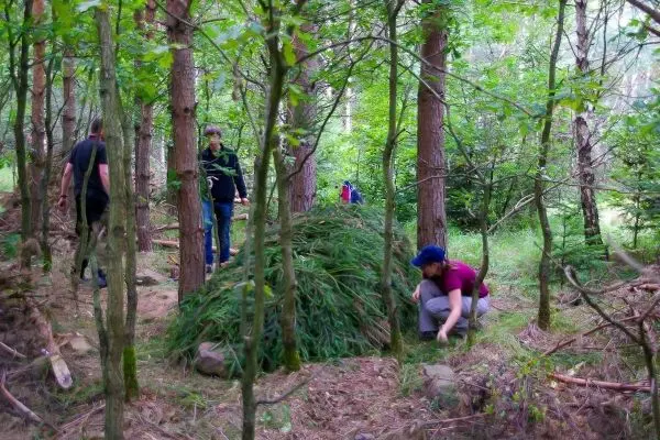 Gruppierung arbeitet an einer Tarp-Notunterkunft aus Ästen und Laub im Wald