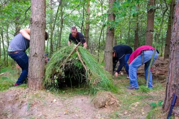 Gruppierung baut eine Tarp-Notunterkunft aus Ästen und Gras im Wald