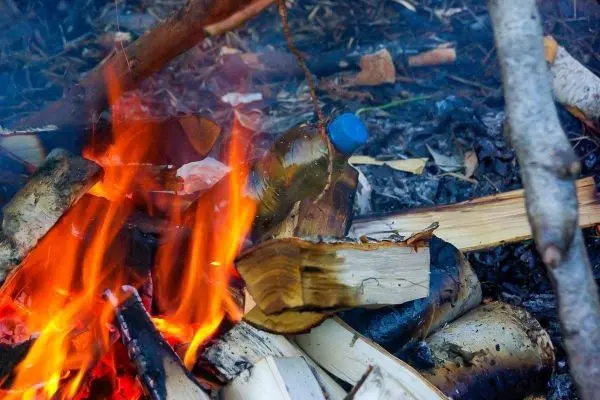 Kleine Flamme brennt zwischen Holzscheiten, Wasserflasche hängt über dem Feuer