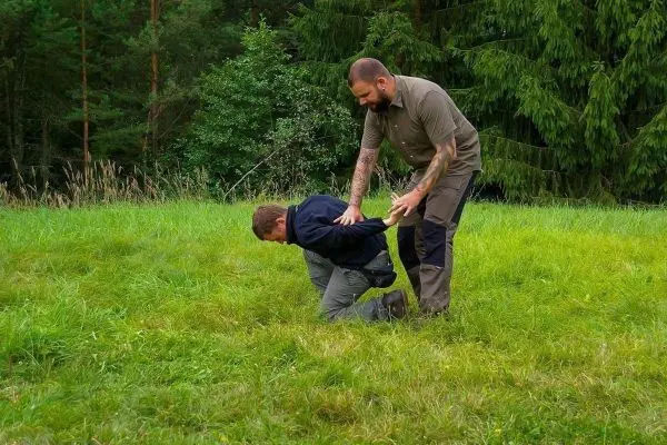 Person hilft anderer Person beim Aufstehen auf der Wiese