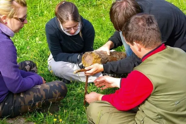 Personen bearbeiten einen Stock auf einer Wiese beim Überlebenstraining