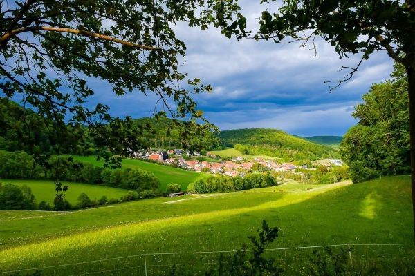 Blick auf eine grüne Wiese mit einem Dorf im Tal und bewaldeten Hügeln im Hintergrund