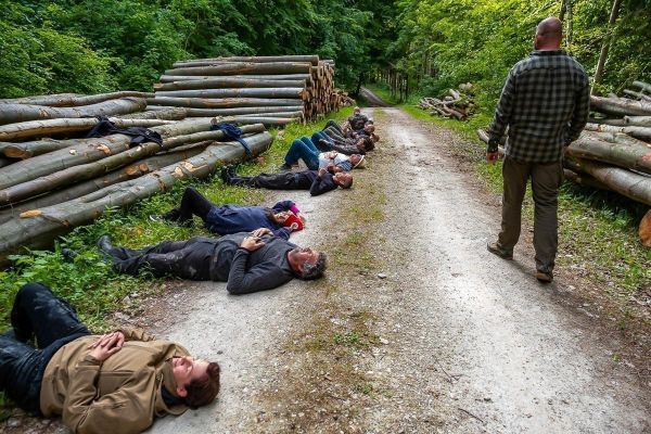 Gruppe liegt auf einem Waldweg neben Holzstapeln, eine Person steht daneben