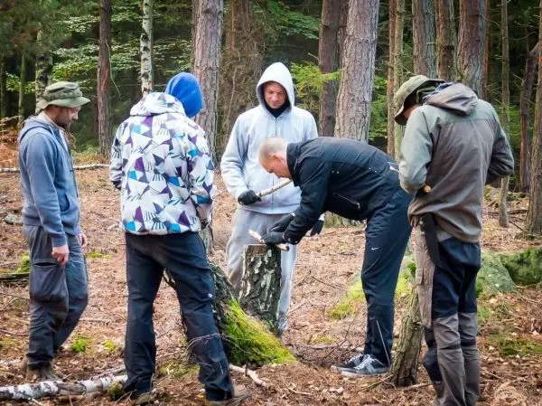 Gruppe von Personen arbeitet an einem Baumstamm im Wald beim Survival Training