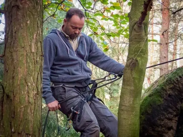 Mann in Kletterausrüstung nutzt Seil zur Baumkletterung zwischen zwei Bäumen