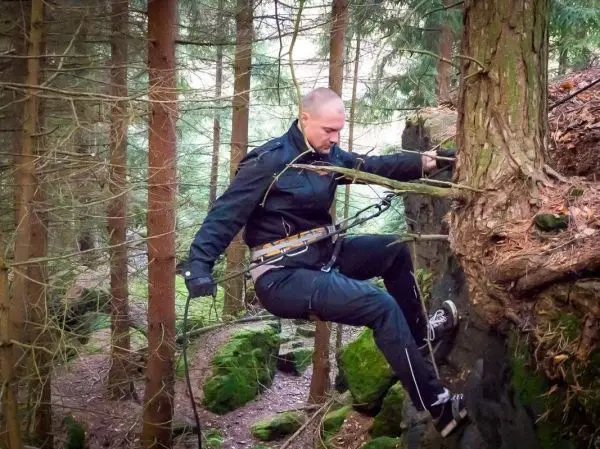Person klettert an einem Baumstamm im Wald hoch