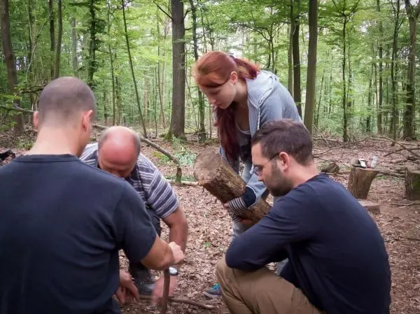 Gruppierung arbeitet gemeinsam an einer Holzstück-Konstruktion im Wald