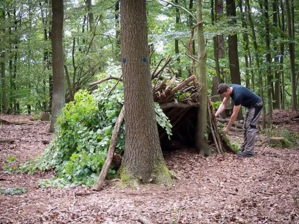 Mann baut eine Tarp-Notunterkunft aus Ästen und Blättern im Wald