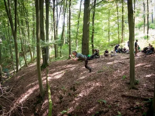 Mann überquert eine selbstgebaute Seilbrücke zwischen Bäumen im Wald