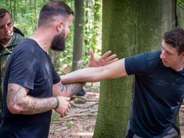 Zwei Personen üben eine Technik zur Armkontrolle an einem Baum im Wald
