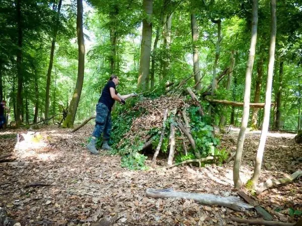 Mann baut eine Tarp-Notunterkunft aus Ästen und Blättern im Wald