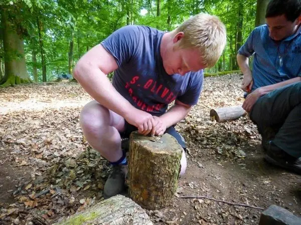 Messer bearbeitet Holzstück auf einem Baumstumpf im Wald