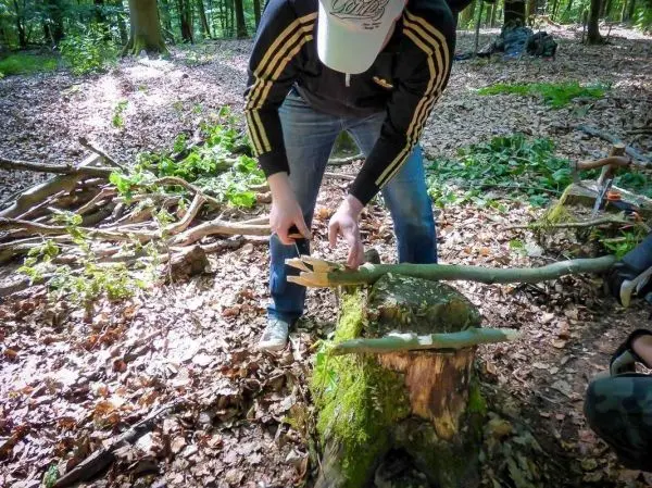 Person schnitzt einen Stock auf einem Baumstumpf im Wald