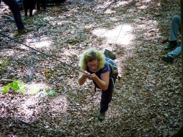 Person überquert eine selbstgebaute Seilbrücke im Wald