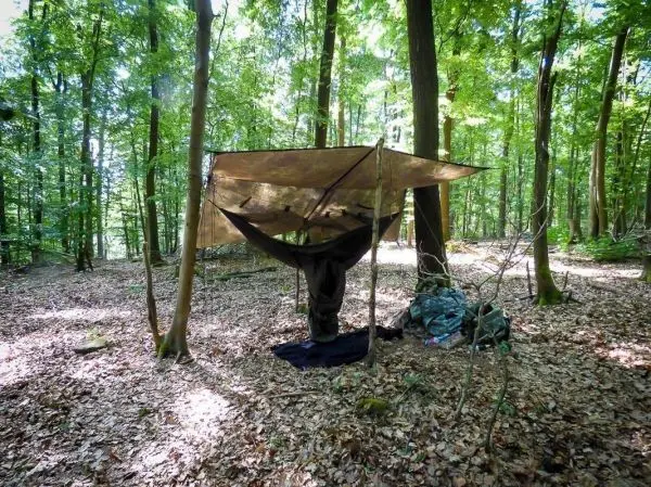 Tarp-Notunterkunft hängt zwischen Bäumen im Wald, darunter liegt ein schwarzes Tuch