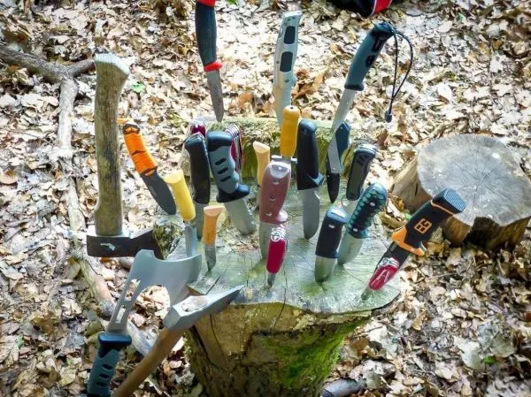 Verschiedene Messer und Werkzeuge stecken in einem Baumstumpf im Wald