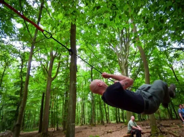 Person schwingt an Seil zwischen Bäumen im Wald