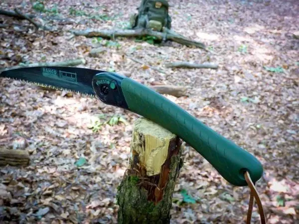 Säge steckt in einem Holzstück, im Hintergrund Laub und ein Rucksack sichtbar