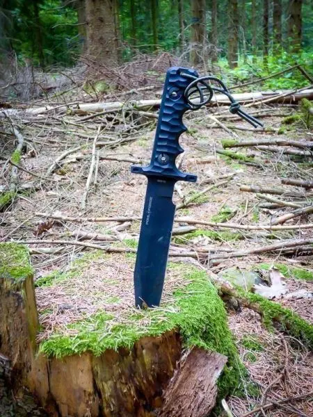 Schwarzes Messer steckt in einem Baumstumpf, umgeben von Moos und Laub