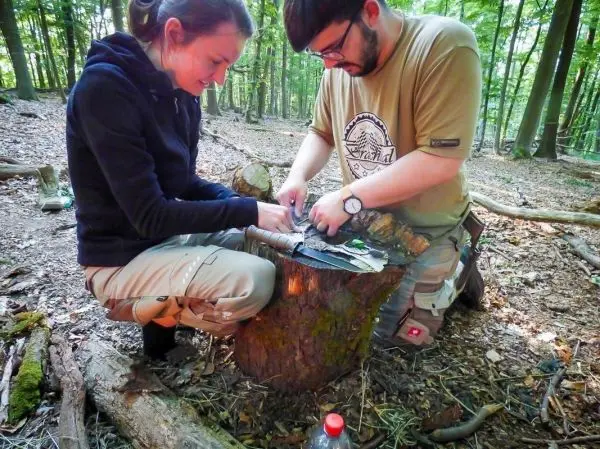 Zwei Personen bearbeiten ein Stück Holz auf einem Baumstumpf im Wald