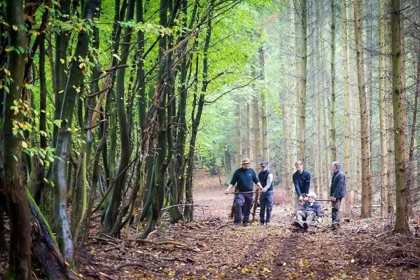 Gruppe arbeitet im Wald mit einem Holzstück auf einer improvisierten Trage
