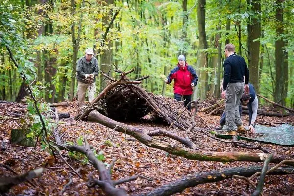 Gruppe baut eine Tarp-Notunterkunft aus Ästen und Laub im Wald
