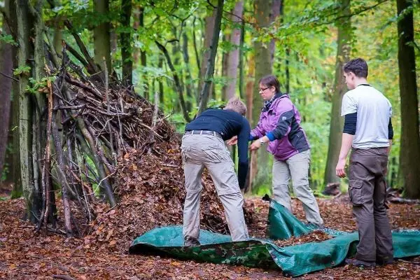 Personen bauen eine Unterkunft aus Ästen und Laub im Wald