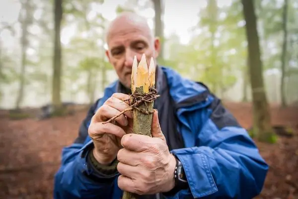 Stock mit mehreren angespitzten Enden wird mit Schnur befestigt